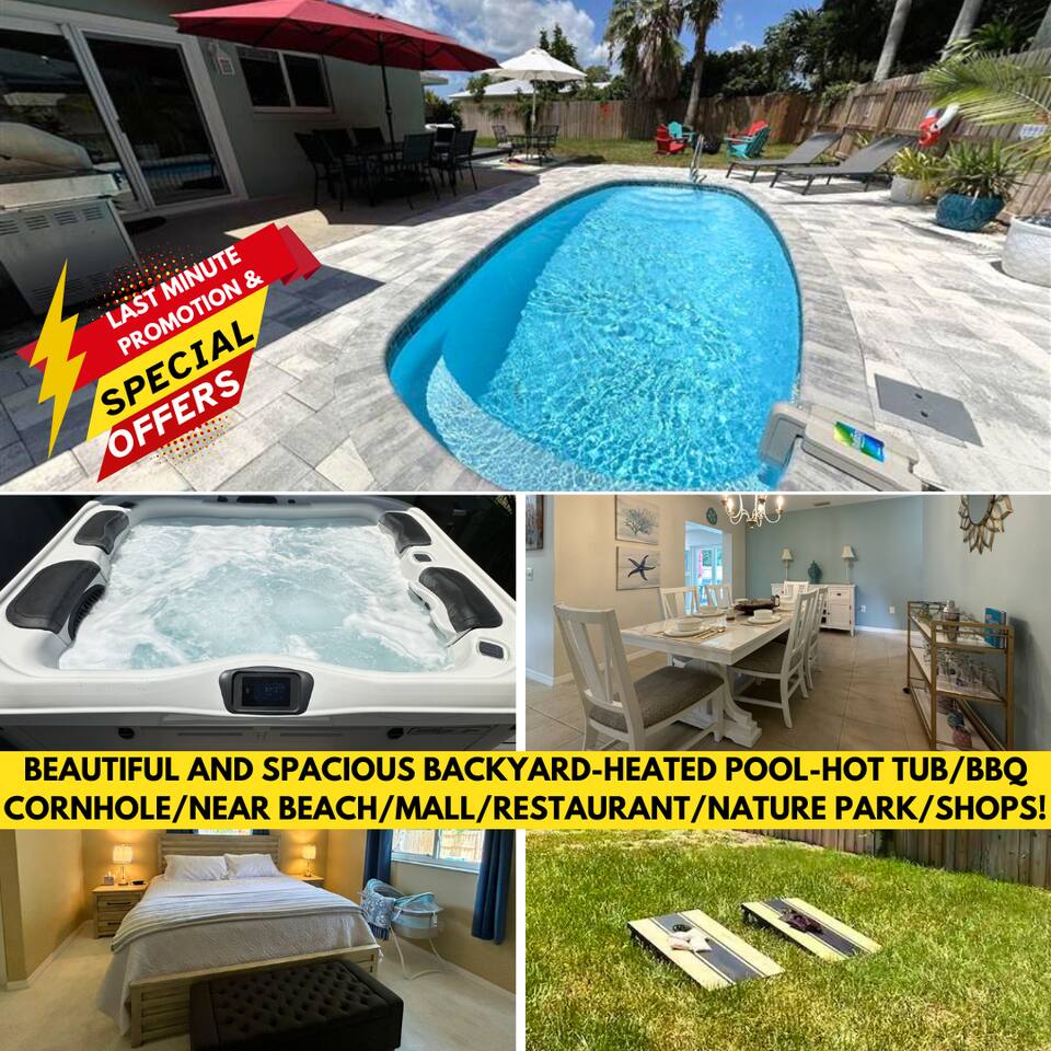 BEAUTIFUL AND SPACIOUS BACKYARD-HEATED POOL-HOT TUB/BBQ/CORNHOLE/NEAR BEACH/MALL