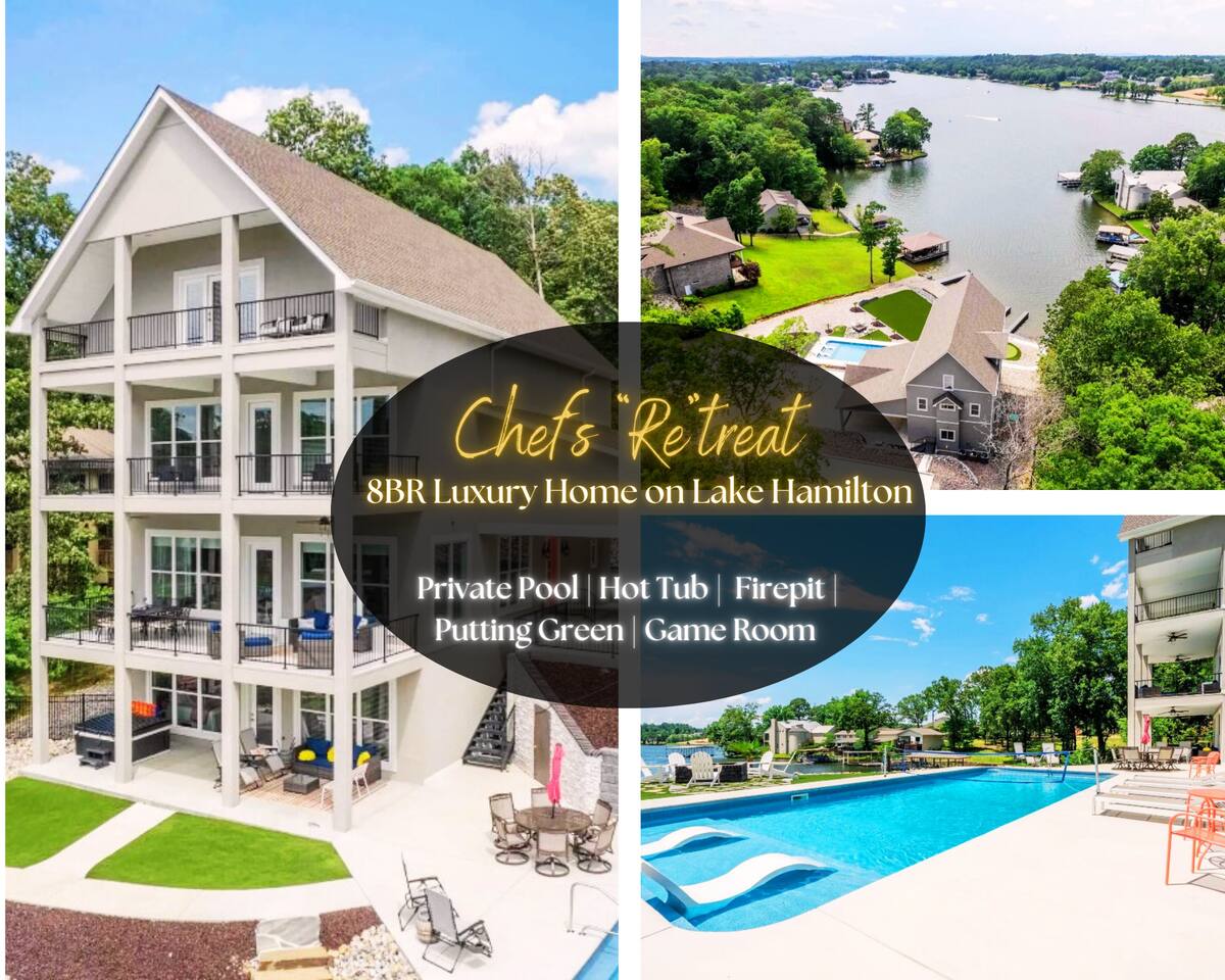 "Chef's Retreat @ 604 Bayshore" | Luxury Lakefront Home On Lake Hamilton*Private Pool &  Hot Tub*Firepit*Boat Slip*Game Room*Putting Green*Sleeps 26 — Garland County — vacation rental