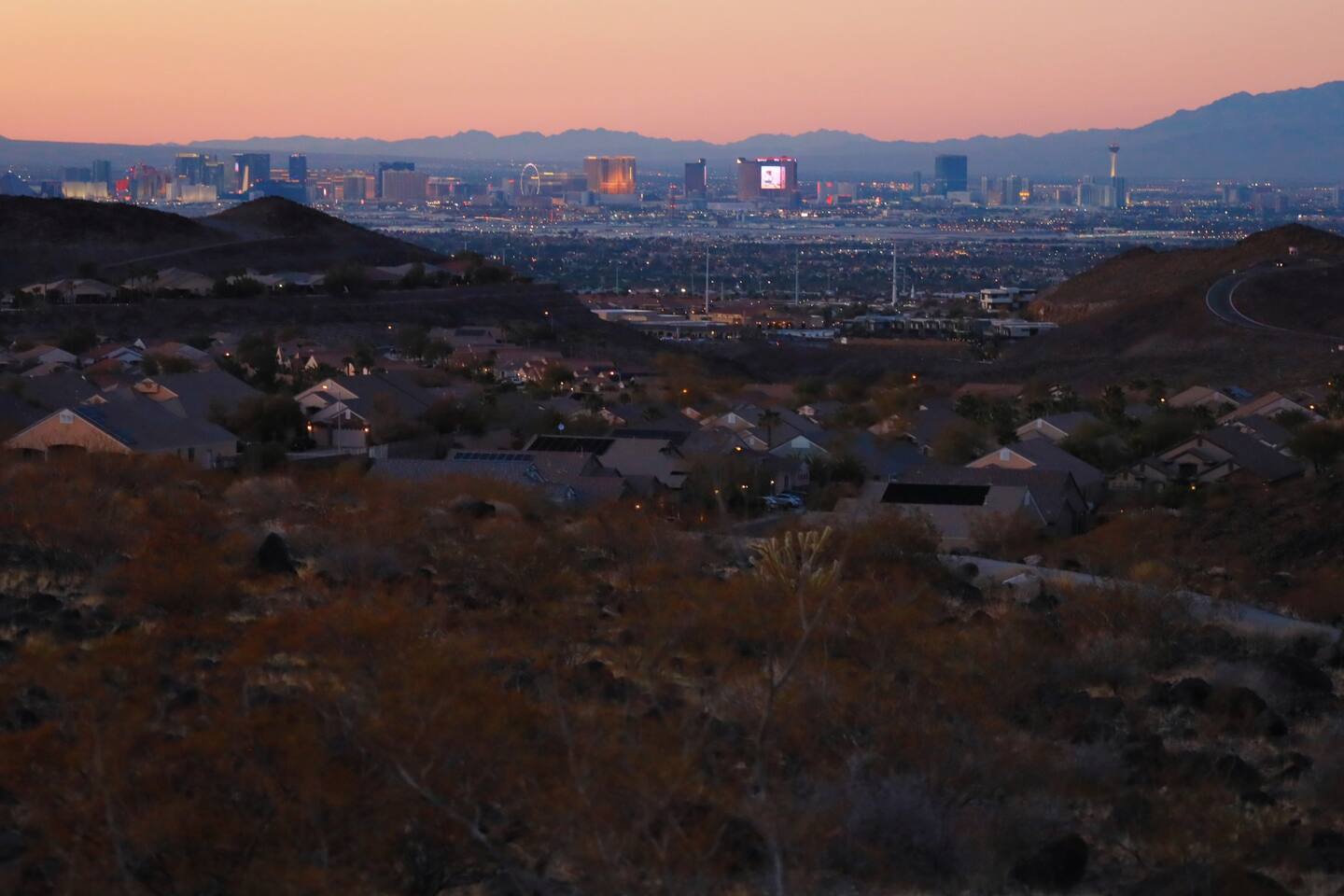 Anthem East trail, Henderson — sunset hiking with the Vegas Strip on the horizon