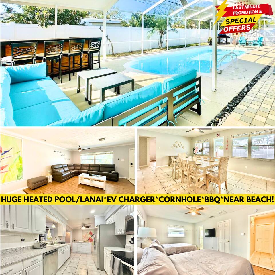 !HUGE *HEATED POOL/LANAI* EV CHARGER*BBQ-CORNHOLE!