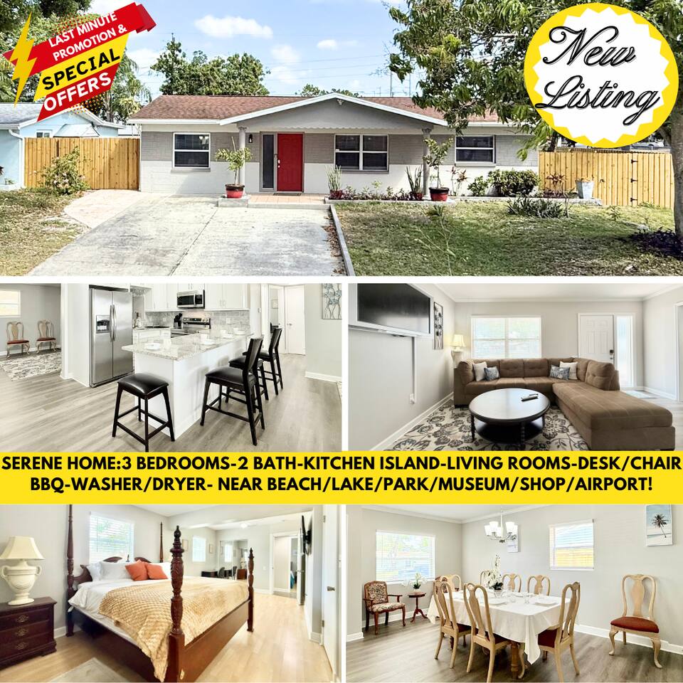 SERENE HOME:3 BEDROOMS-2 BATH-KITCHEN ISLAND-LIVING ROOMS-DESK/CHAIR BBQ-WASHER/DRYER- NEAR BEACH/LAKE/PARK/MUSEUM/SHOP/AIRPORT!