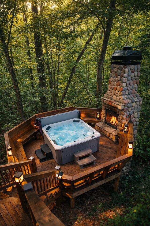 Mountain View Lodge Hot Tub and Stone Fireplace